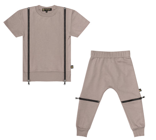 Taupe Double Zip Sweater + Jogger Set - Kid Kong NYC